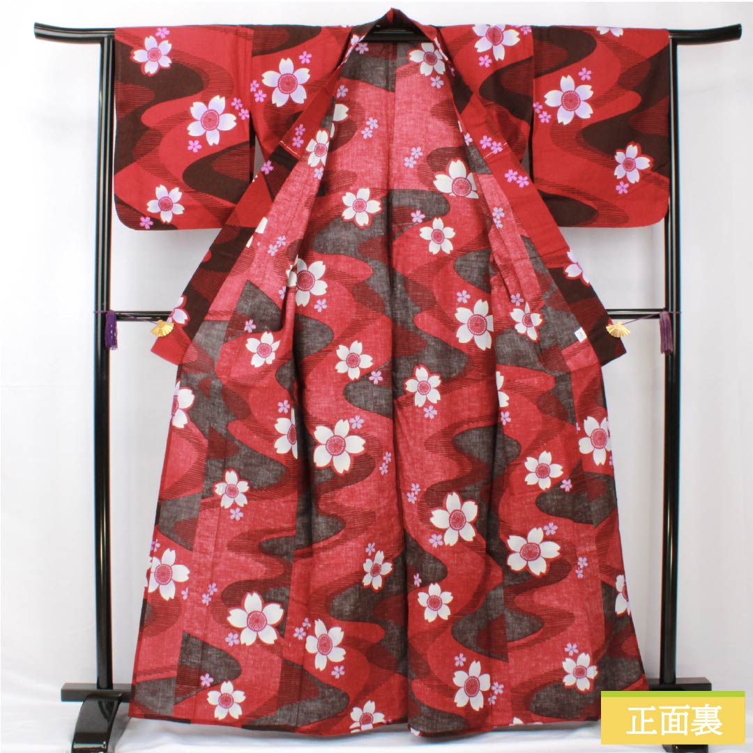 浴衣 木綿 身丈164cm 裄丈65cm Sランク 単衣 赤系 真紅色(しんくいろ) 流水 桜 1118005292412