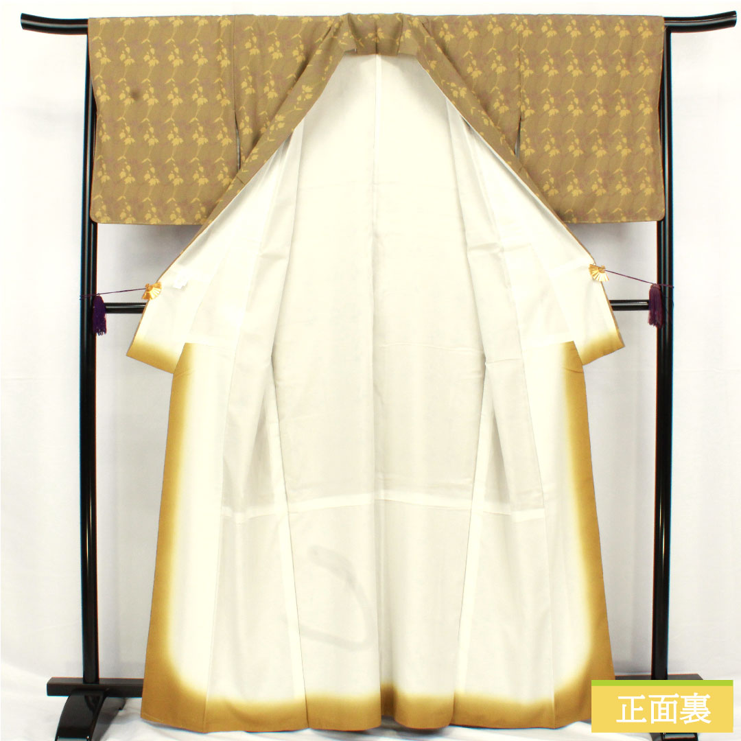 小紋 ポリエステル 身丈163cm 裄丈65cm 袷 紀州茶色(きしゅうちゃいろ) 洗える着物 抽象花 しつけ糸付き 未使用品 Sランク 緑系 1115004922419