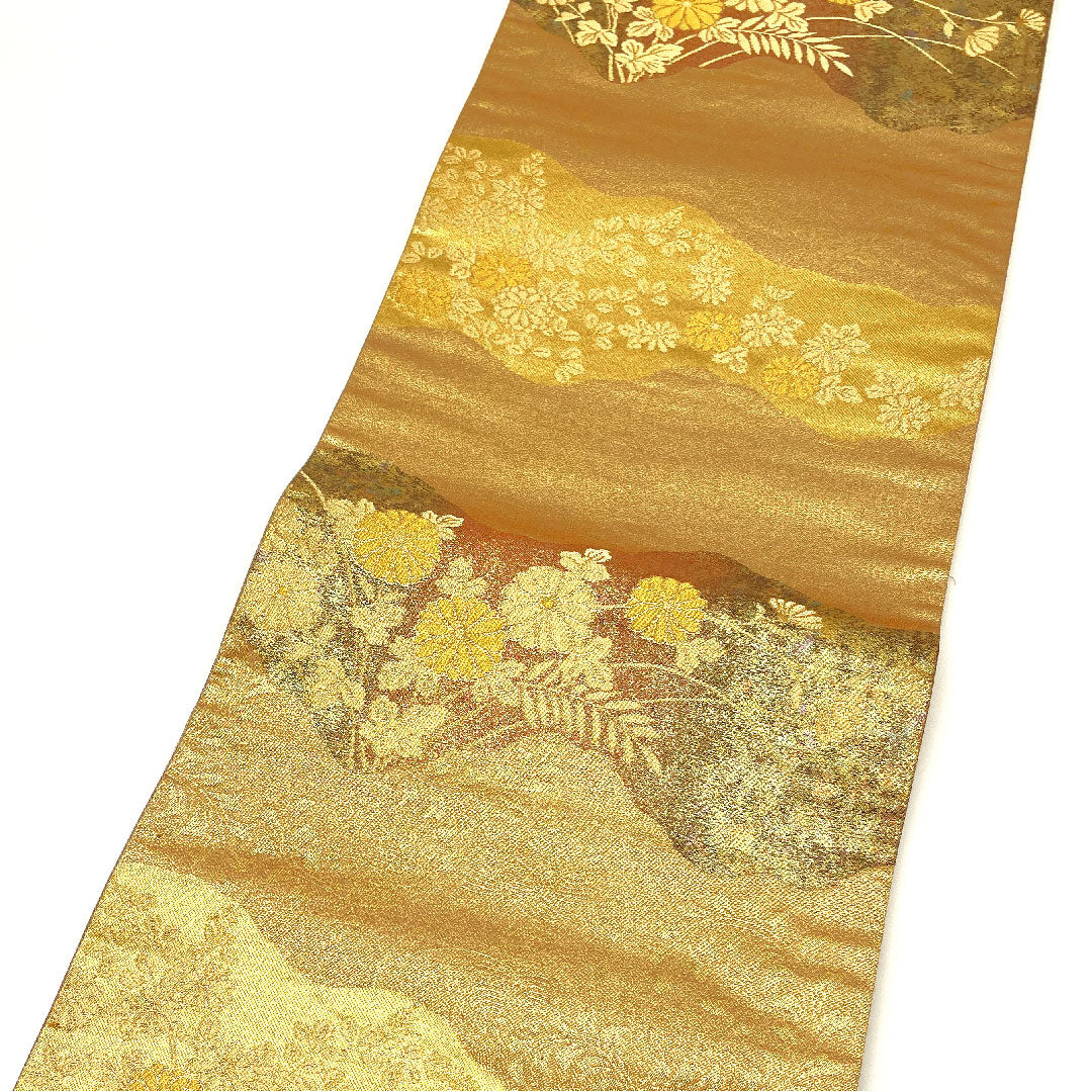 Fukuro Obi (traditional Japanese kimono sash), classic pattern, floral motif, obi length 430cm, pure silk, A rank, six-pass, formal, gold, 1123002723321