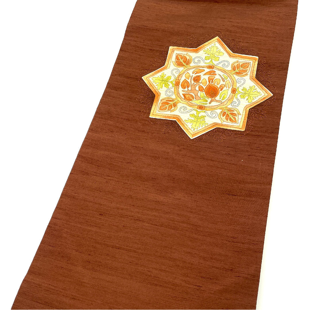 名古屋帯 相良刺繍 抽象華模様 帯丈357cm 正絹 Sランク ポイント柄 カジュアル 茶系 1124001412314 名古屋仕立て