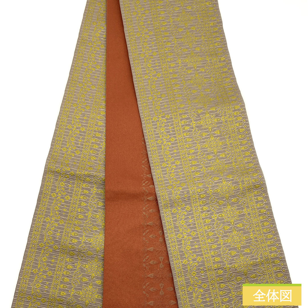 (New) Half-width obi, polyester, NEW rank, deep olive green (kokubōshoku), dark reddish-brown (shuan'iro), geometric pattern, abstract floral pattern, reversible, obi length 400cm, brown tones 1125002591414