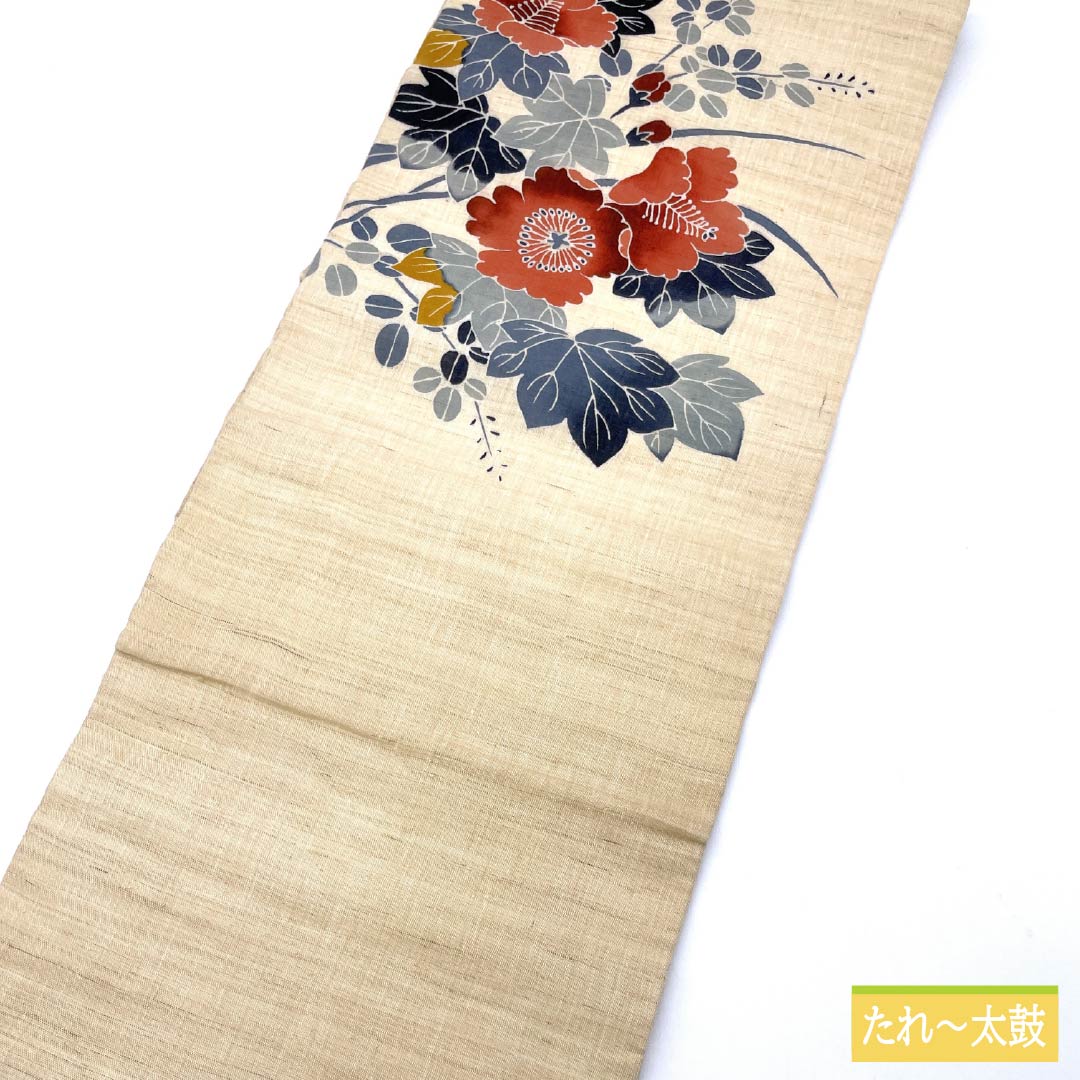 名古屋帯 麻 生成り色(きなりいろ) 夏帯 京紅型 紅型調 帯丈350cm Sランク ポイント柄 カジュアル クリーム系 1124007952315 名古屋仕立て