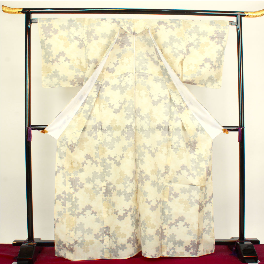 生紬 身丈167cm 裄丈66cm 乳白色 抽象模様 正絹 Sランク 単衣 クリーム系 1116002552515