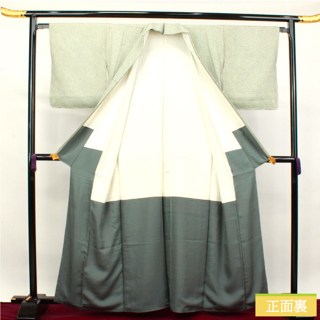 小紋 正絹 身丈161.5cm 裄丈64.5cm 袷 青浅緑色 総絞り しつけ糸付き 未使用品 Sランク 緑系 1115003902419