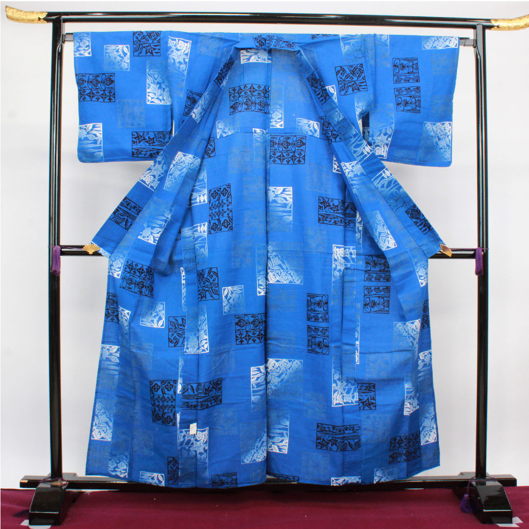 浴衣 碧瑠璃色 抽象模様 木綿 Sランク 単衣 身丈159cm 裄丈66.5cm 青系 1118002422317