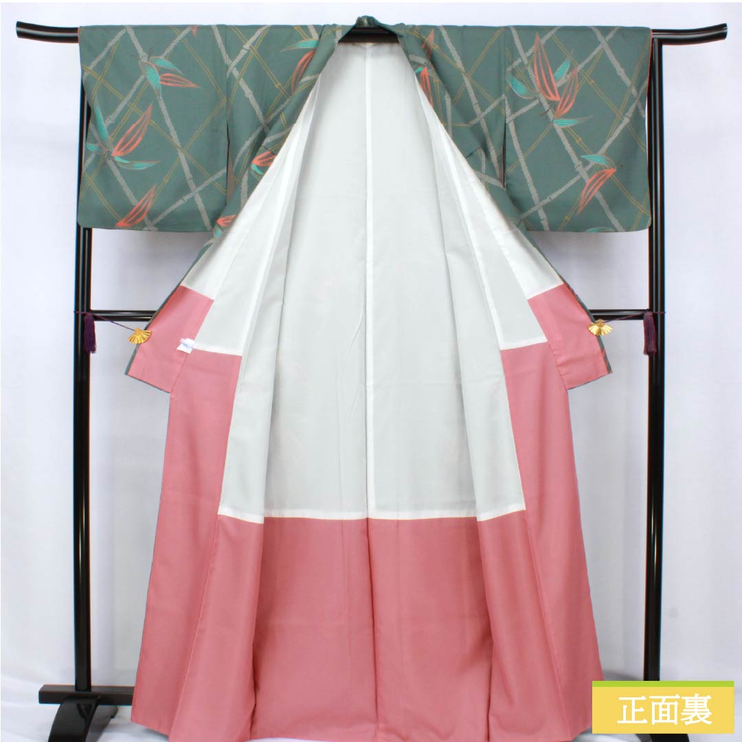 小紋 ポリエステル Aランク 身丈166.5cm 裄丈66cm 袷 湊煤竹色(みなとすすたけいろ) 竹 洗える着物 緑系 1115007453519