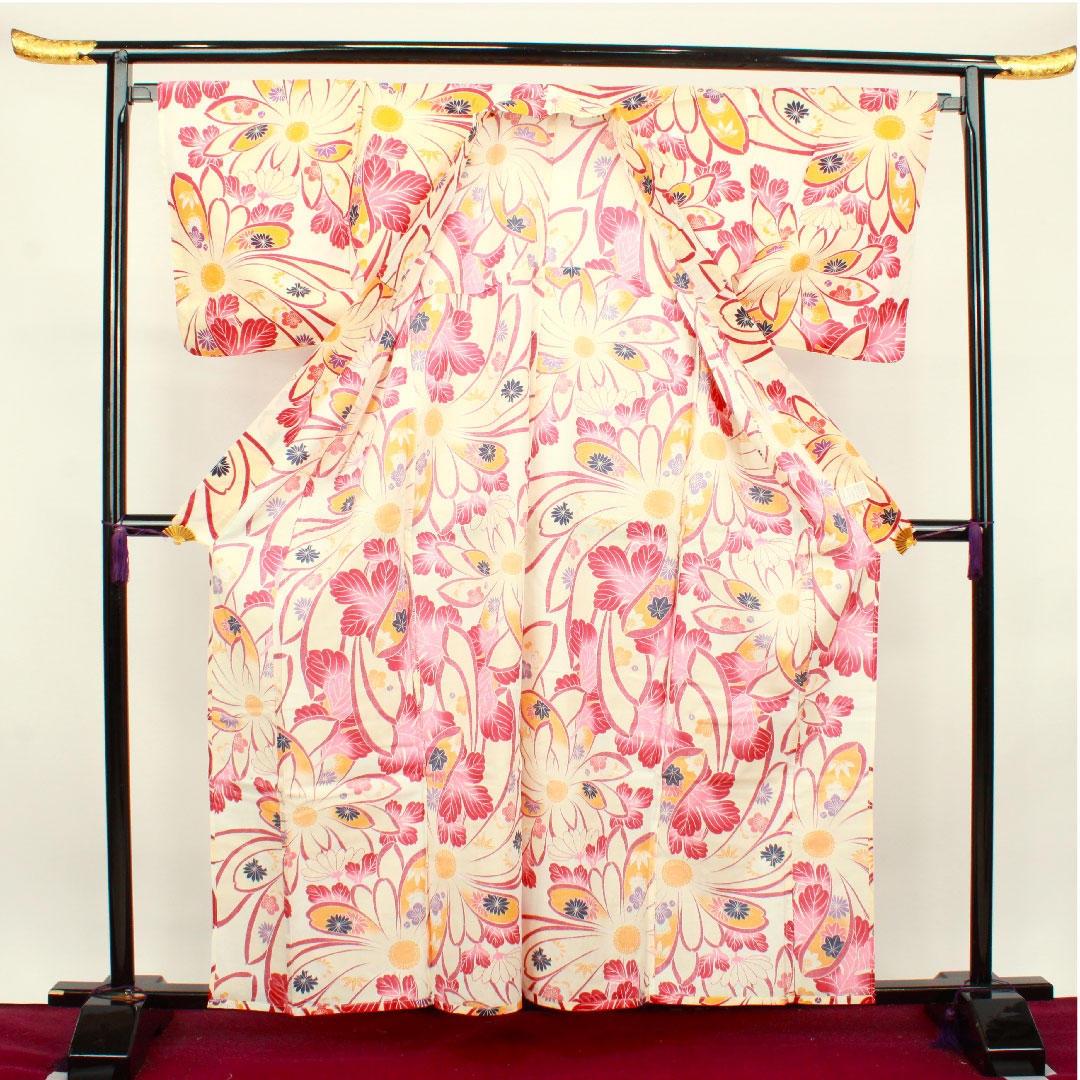 Yukata Flower Pattern Cotton S Rank Single Layer Length 162cm Sleeve Length 65.5cm White 1118001152411