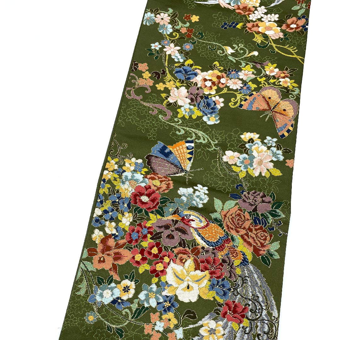 (未仕立)袋帯 松葉鼠色(まつばねずいろ) 白綾苑大庭 尾長鳥 蝶 花模様 帯丈431cm 正絹 Sランク 六通 セミフォーマル 緑系 1123008602319