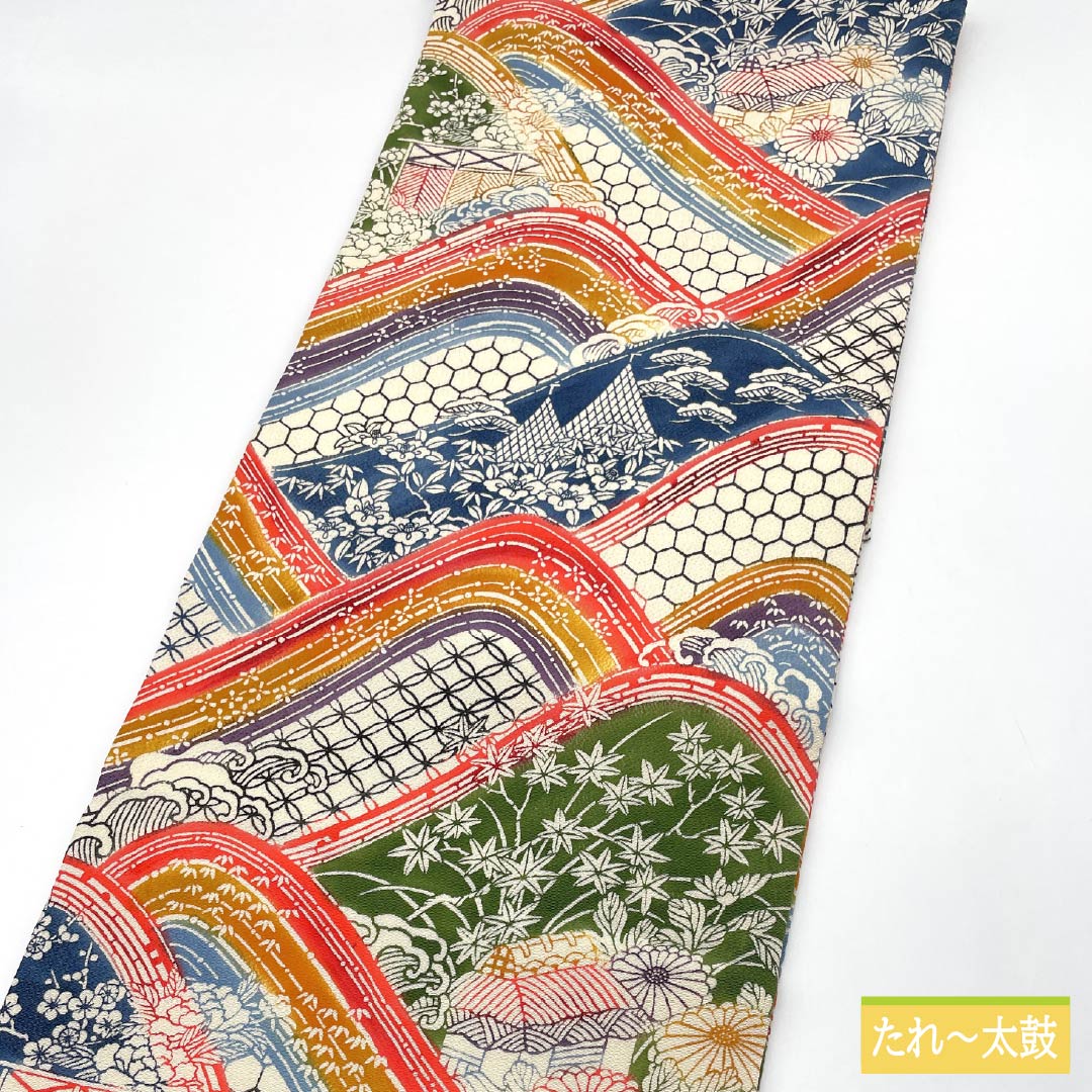 名古屋帯 濃紅葉色(こいもみじいろ) 京紅型 ちりめん地 七宝 帯丈370cm 正絹 Sランク 全通 セミフォーマル グラデーション系 1124007322399 名古屋仕立て