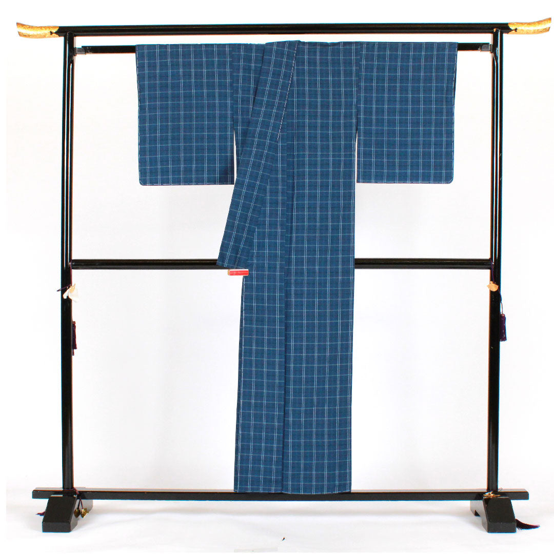 紬 身丈155cm 裄丈63.5cm 格子 正絹 Sランク 袷 紺系 1116001492318