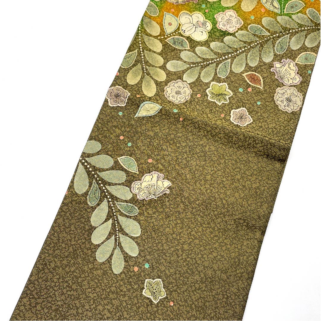 袋帯 昆布茶色(こぶちゃいろ) 辻ヶ花 ふくれ織 帯丈444cm 正絹 Aランク ポイント柄 フォーマル 金系 1123005753321
