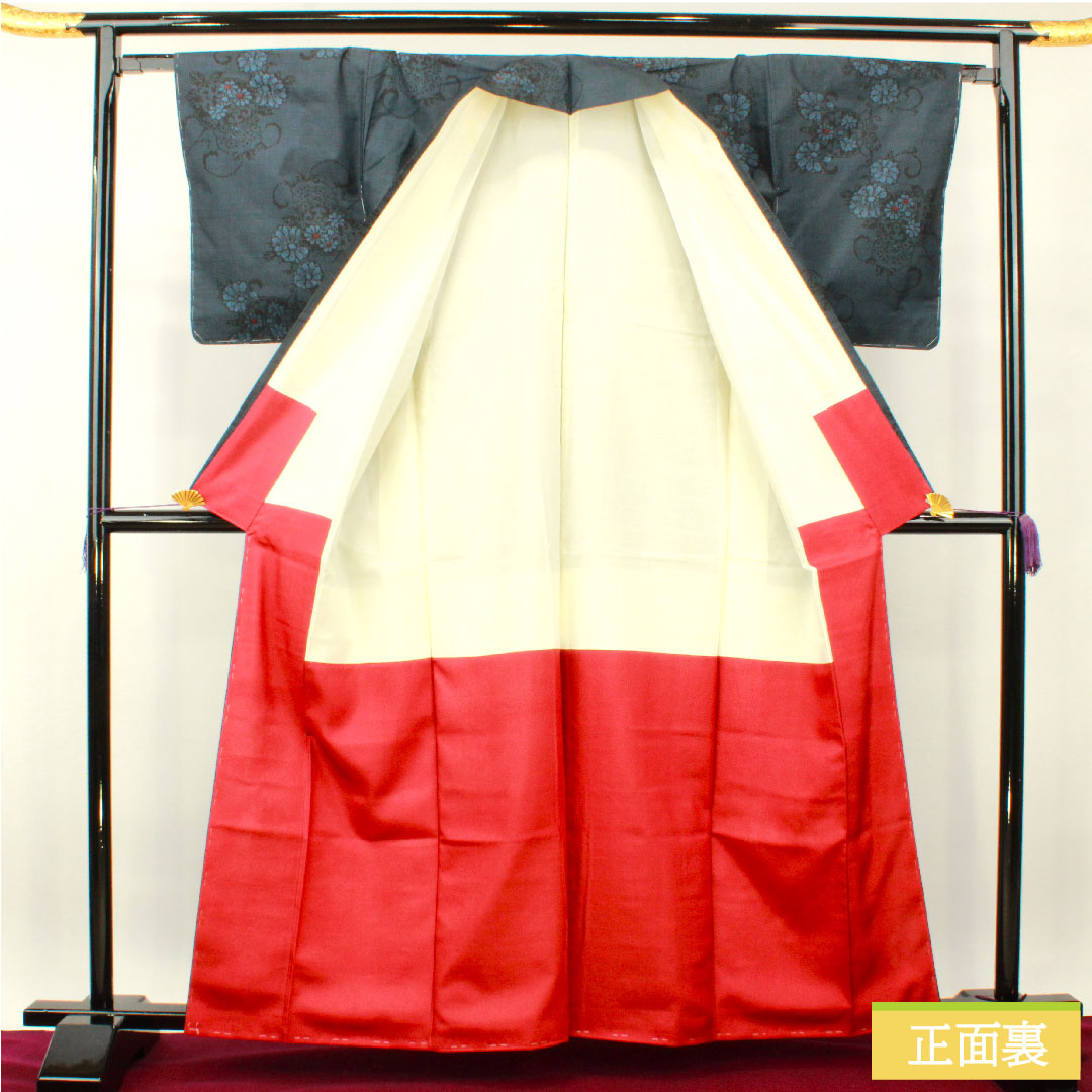 紬 正絹 身丈162.5cm 裄丈64cm 花模様 Aランク 袷 紺系 1116003303418