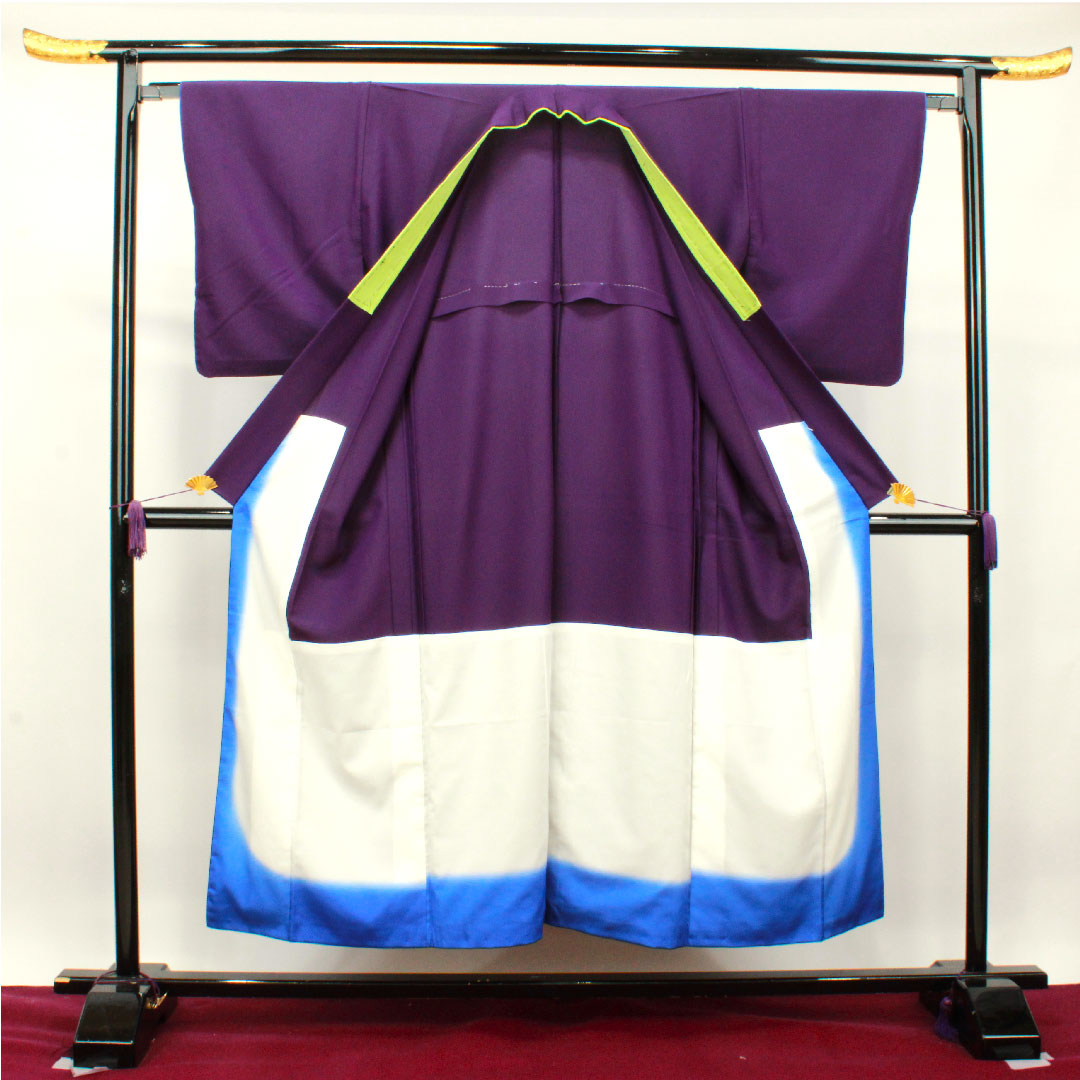 色無地 ポリエステル 茄子紺色 洗える着物 素無地 半衿付き 身丈150.5cm 裄丈64.5cm 胴抜き Sランク 紫系 1114001002120