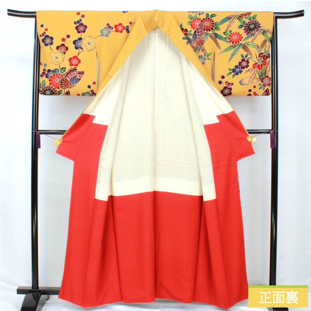 訪問着 正絹 Aランク 袷 身丈161cm 裄丈66.5cm 枇杷茶色(びわちゃいろ) 京紅型 草花 黄系 1112006473423