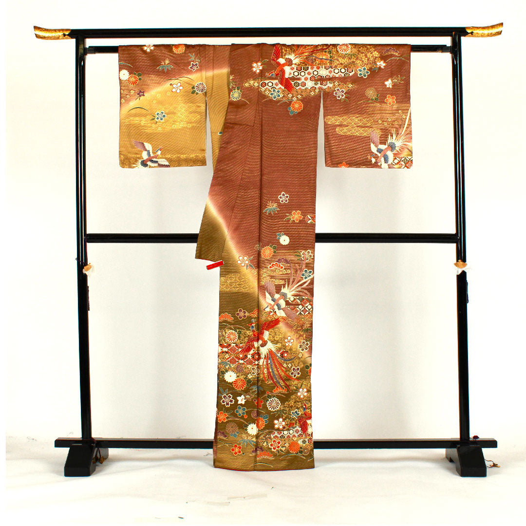 訪問着 袷 身丈165.5cm 裄丈68cm 京友禅 鳳凰 吉祥文様 正絹 Aランク 茶系 1112001063514