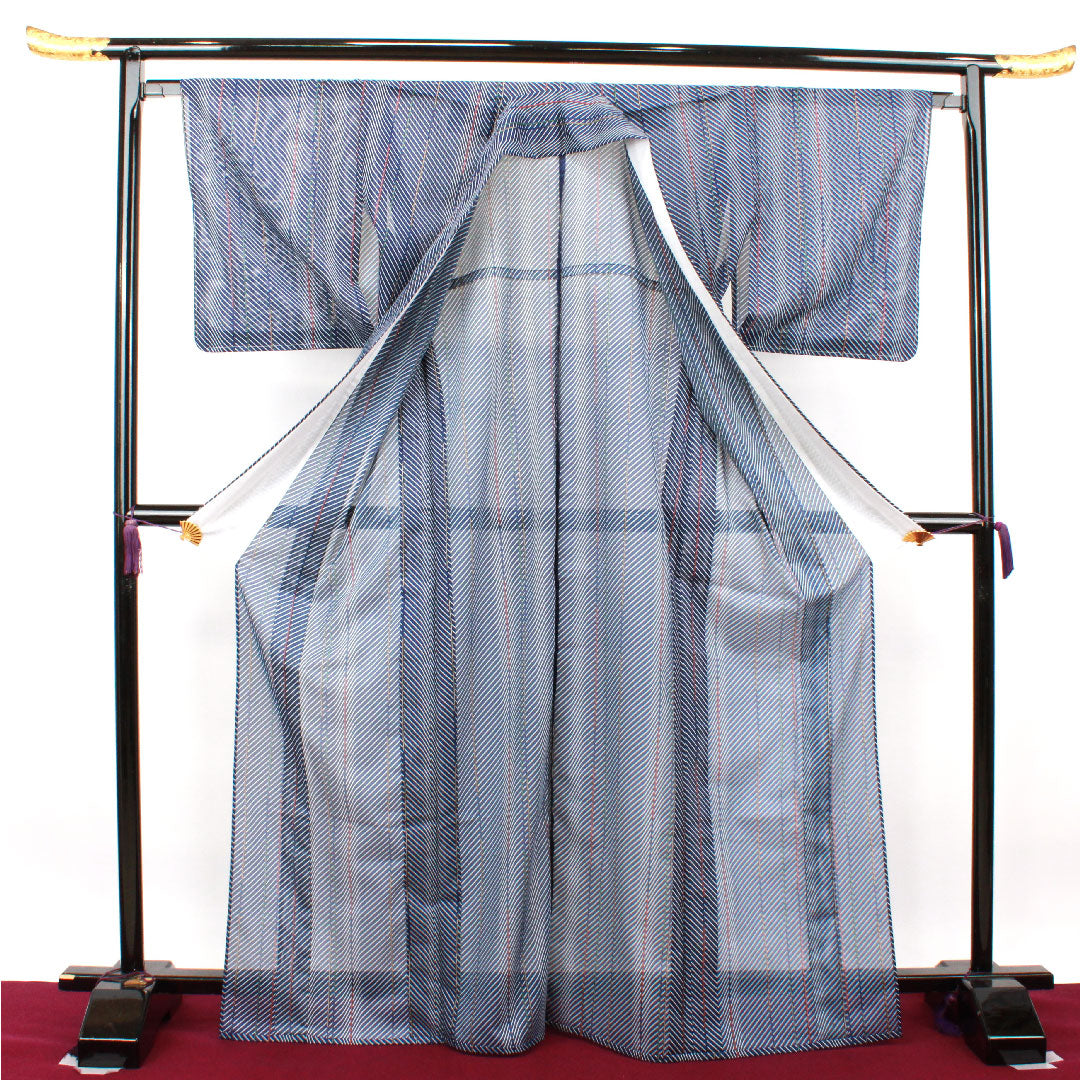 Summer kimono, polyester, small pattern, length 170.5cm, sleeve length 65cm, navy bellflower color, geometric pattern, washable kimono, with basting thread, silk, S rank, navy blue, 1132001552618