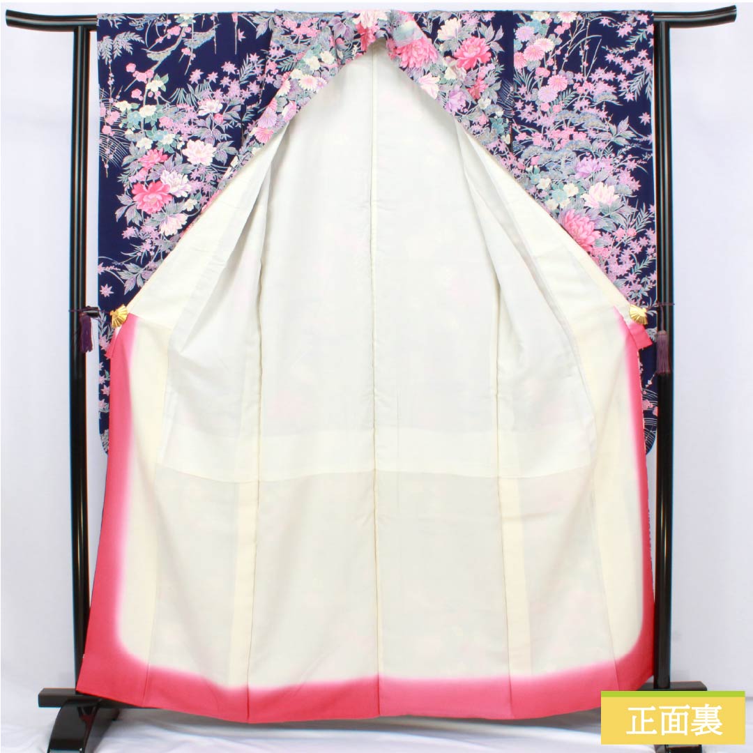Pure silk furisode (long-sleeved kimono) - Grade A, length 159cm, sleeve length 63cm, lined, in navy blue with bellflower and plum blossom motifs in Kyoto Yuzen. Product code: 1113002623318