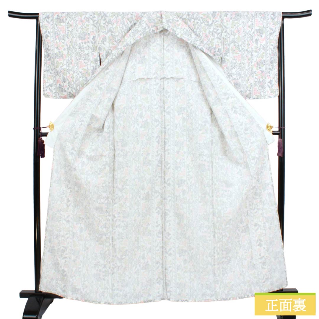 小紋 ポリエステル Sランク 身丈162cm 裄丈66cm 単衣 洗える着物 更紗模様 白系 1115008142411