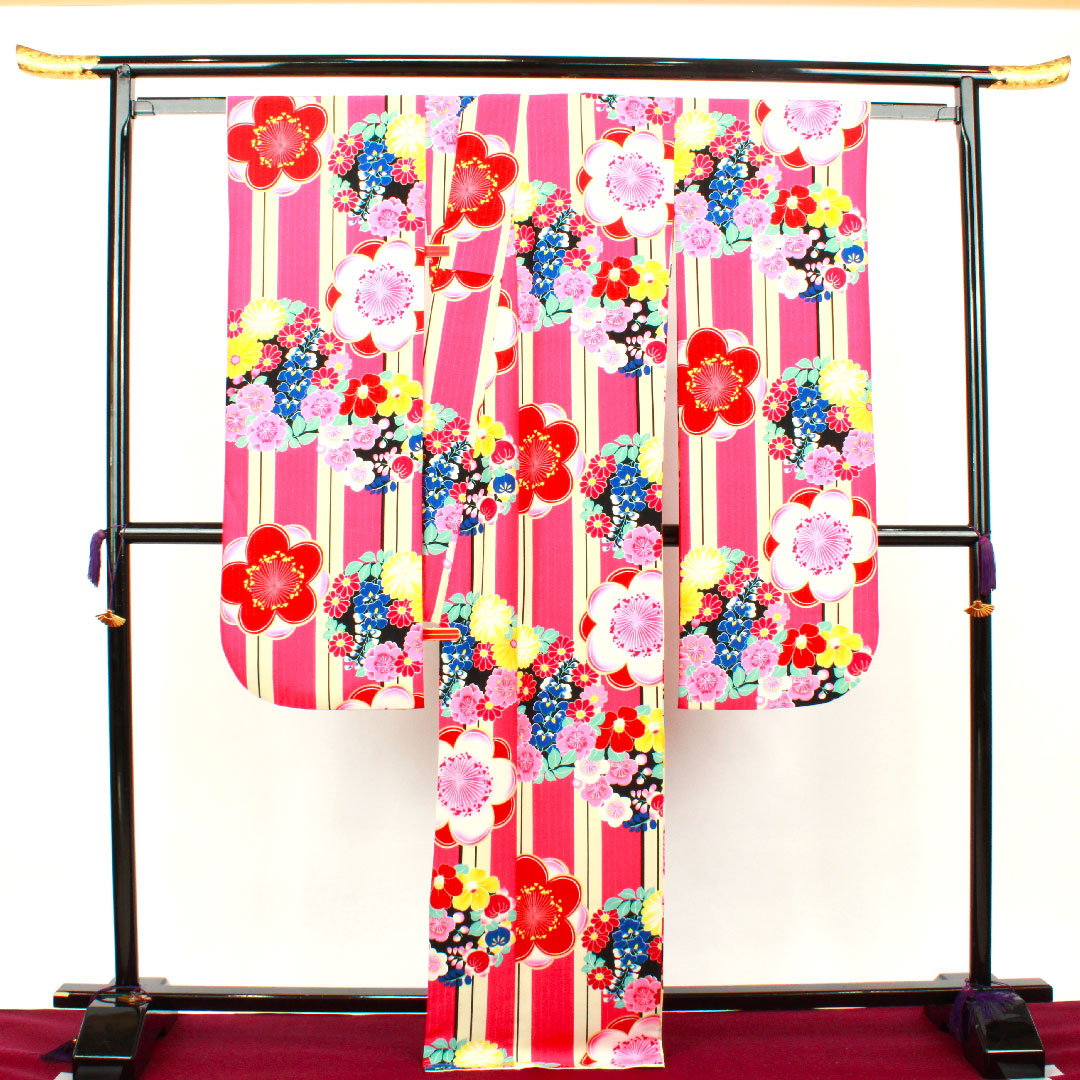 振袖 身丈170.5cm 裄丈67cm 袷 猩紅色 洗える着物 梅 ポリ Sランク ピンク系 1113001312613
