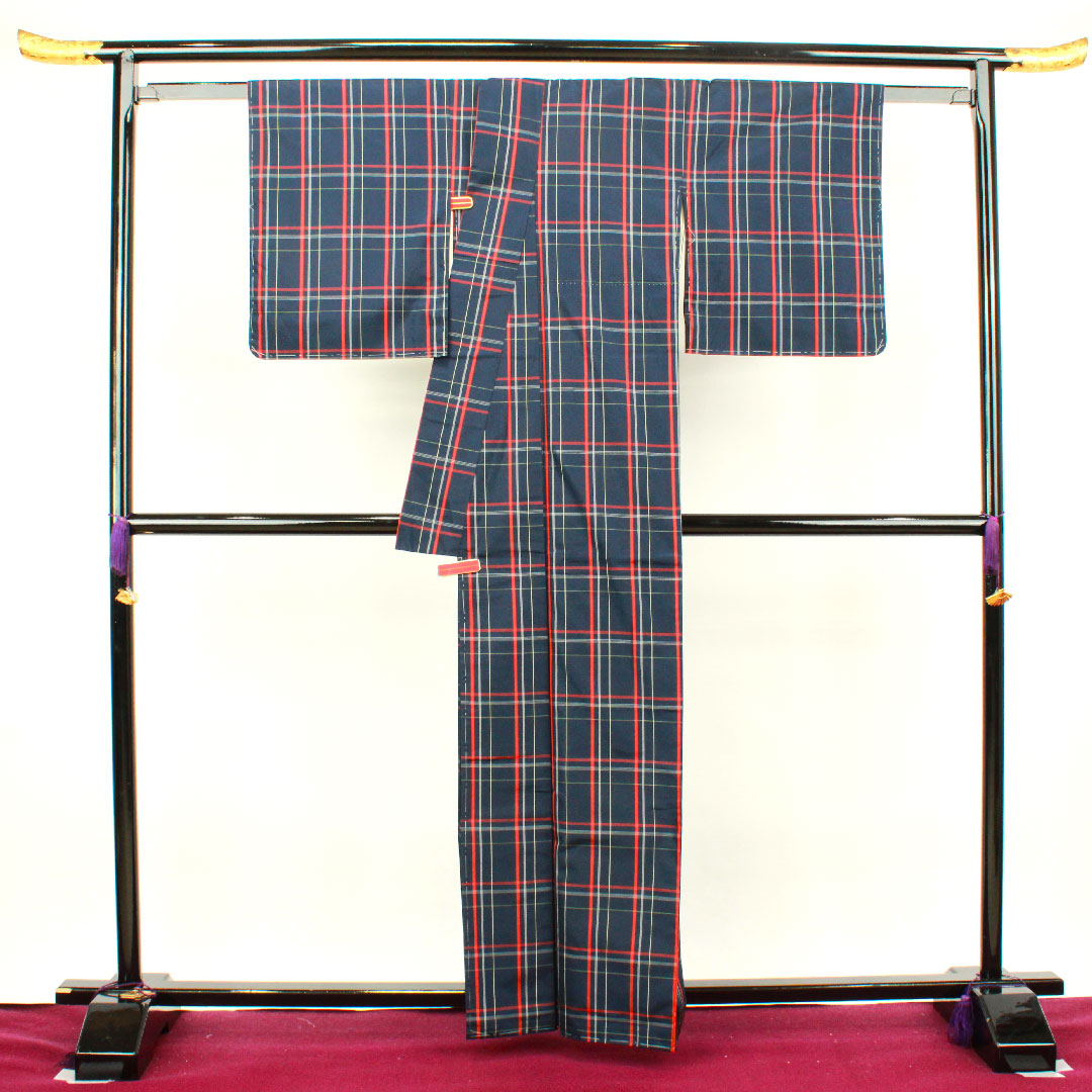 縞大島 身丈162.5cm 裄丈65.5cm 濃紺色 格子 正絹 Aランク 袷 紺系 1116002343418