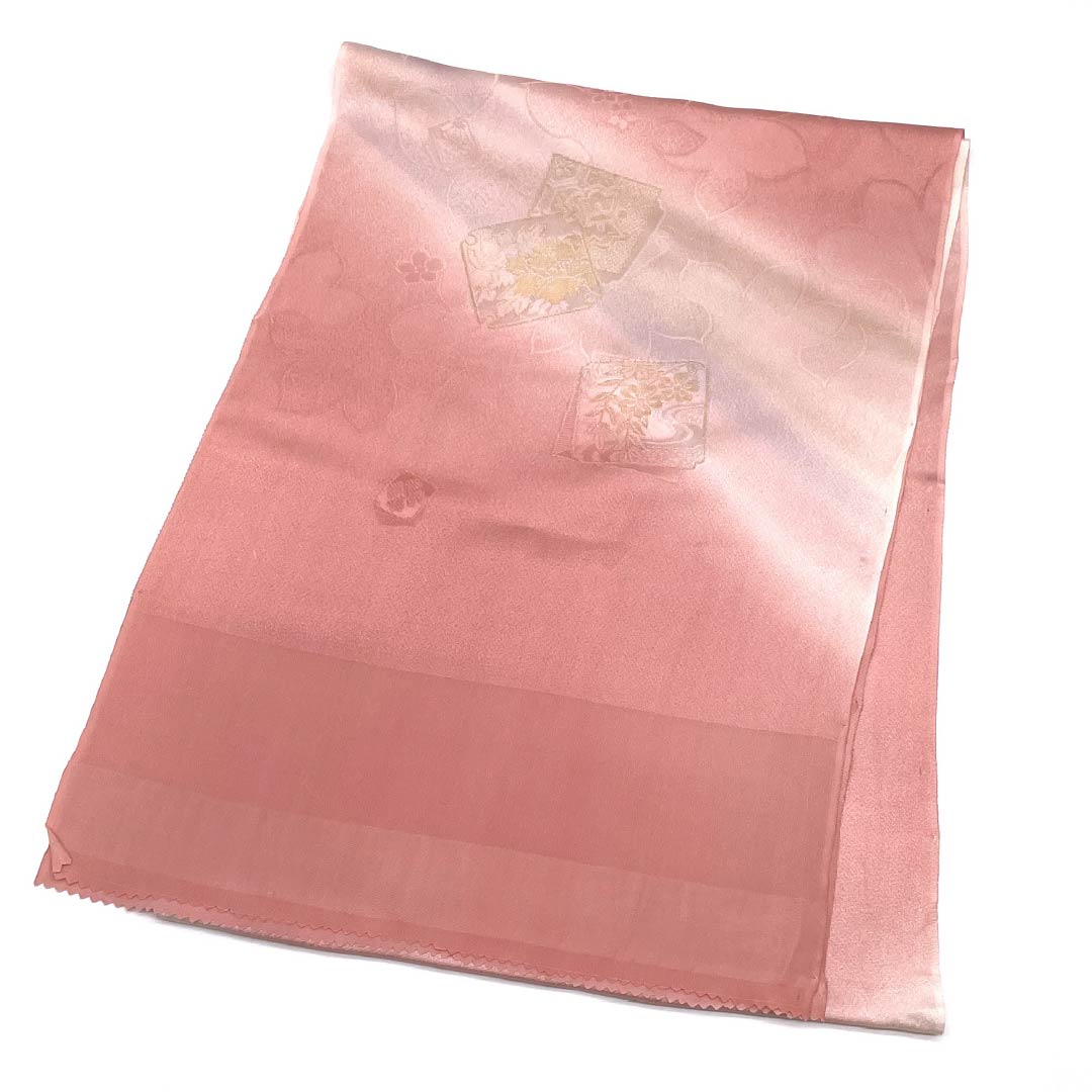 Obiage, pure silk, S rank, semi-formal, Hitoeumeiro (plum blossom color), shikishi-tori, flowers, length approx. 182cm, width approx. 32cm, pink color, 1136002942913
