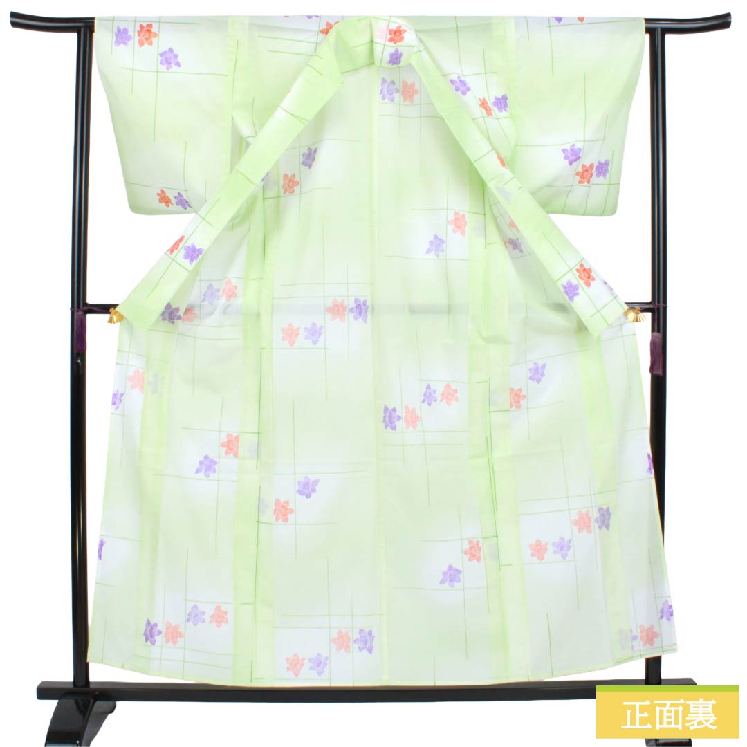 夏物 ポリエステル 小紋 Aランク 身丈158cm 裄丈62cm 黄緑色 竹垣 花柄 洗える着物 絽 緑系 1132005413319
