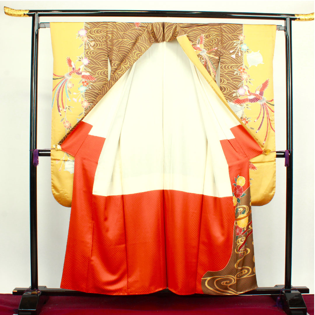 Long-sleeved kimono, length 157.5cm, sleeve length 65cm, lined, dark brown, Kyoto Yuzen, phoenix, thread wrapping, waves, pure silk, A rank, brown, 1113001543314