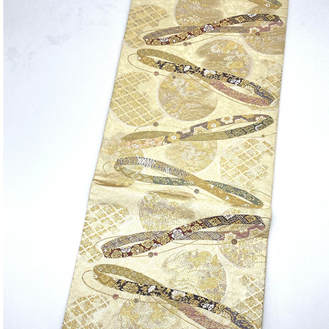 Fukuro obi (sash) in Torinoko color, classic pattern, woven ring inscription, obi length 442cm, pure silk, S rank, six-pass, formal, cream color, 1123008722315