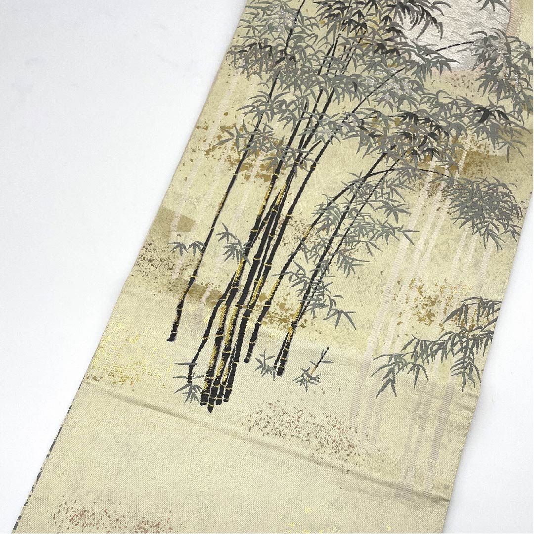 袋帯 象牙色(ぞうげいろ) 真珠箔 竹林 浅山織物 帯丈432cm 正絹 Aランク ポイント柄 フォーマル クリーム系 1123006123315