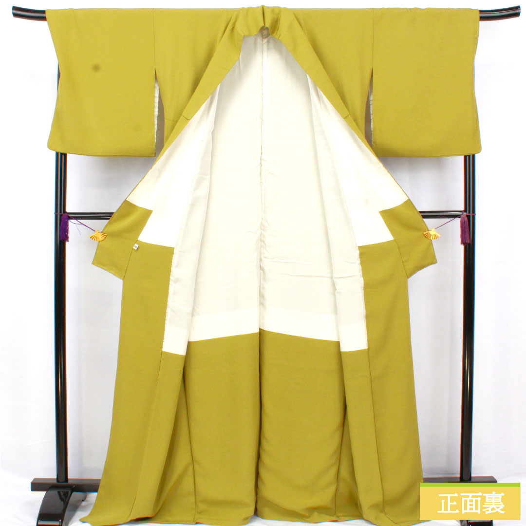 色無地 正絹 身丈167.5cm 裄丈70cm 青朽葉色(あおくちばいろ)素無地 一つ紋 鐶木瓜に花角 袷 Aランク 緑系 1114001973519