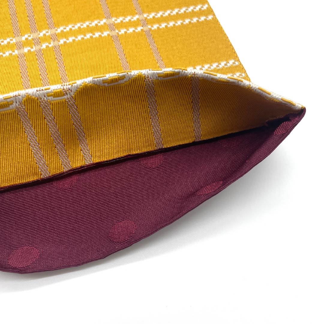 半幅帯 ポリエステル 帯丈386cm 雄黄色(ゆうおういろ) レース模様 格子模様 赤紫色(あかむらさきいろ) ドット 幾何学模様 黄系 Sランク 1125001472323