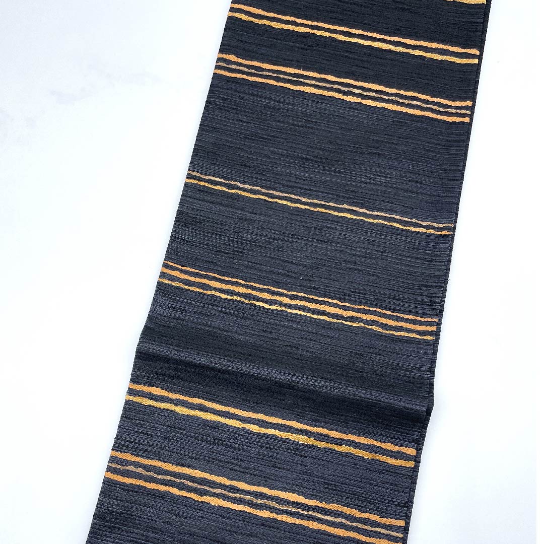 袋帯 黒色 横段 帯丈446cm 正絹 Sランク 六通 カジュアル 黒系 1123007802310