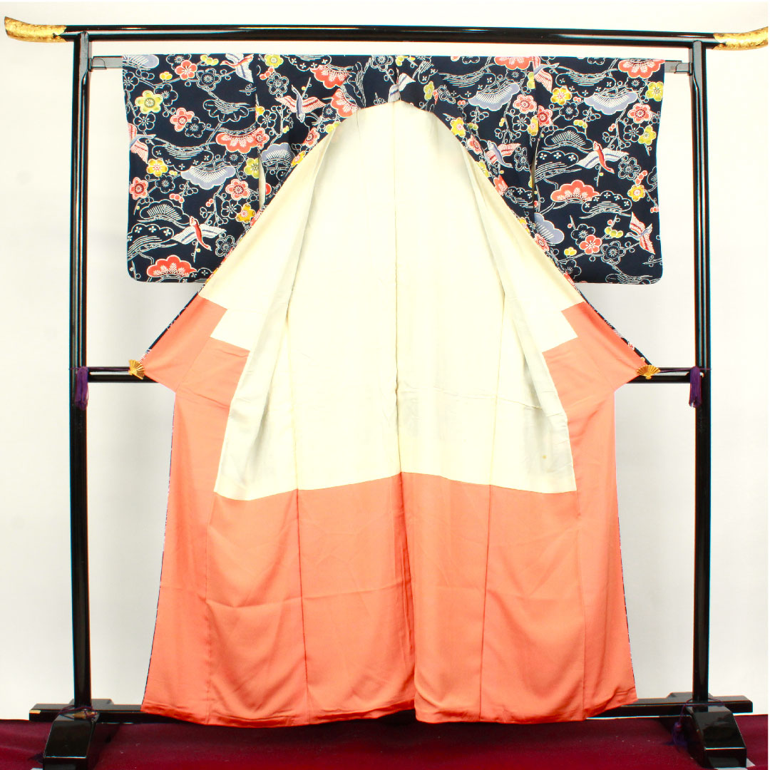 小紋 身丈158cm 裄丈63.5cm 袷 濃紺色 京紅型 松 梅 正絹 Aランク 紺系 1115003433318