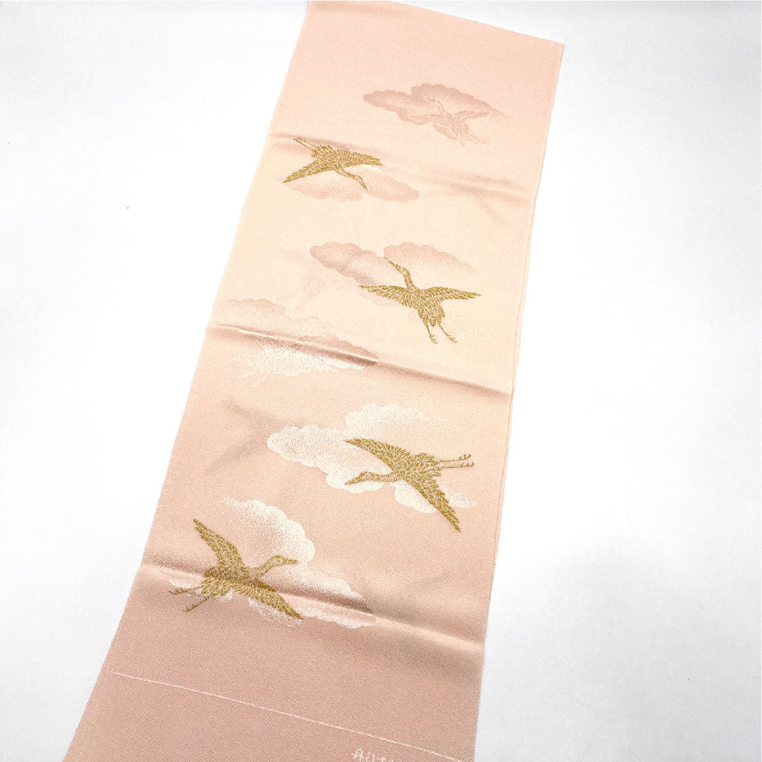 (Like New) Semi-Formal Silk Obiage (Otomeiro) with Cloud and Crane Designs, Tango Chirimen, Length: Approx. 172cm, Width: Approx. 29cm, Pink, Product Number: 1136001191913
