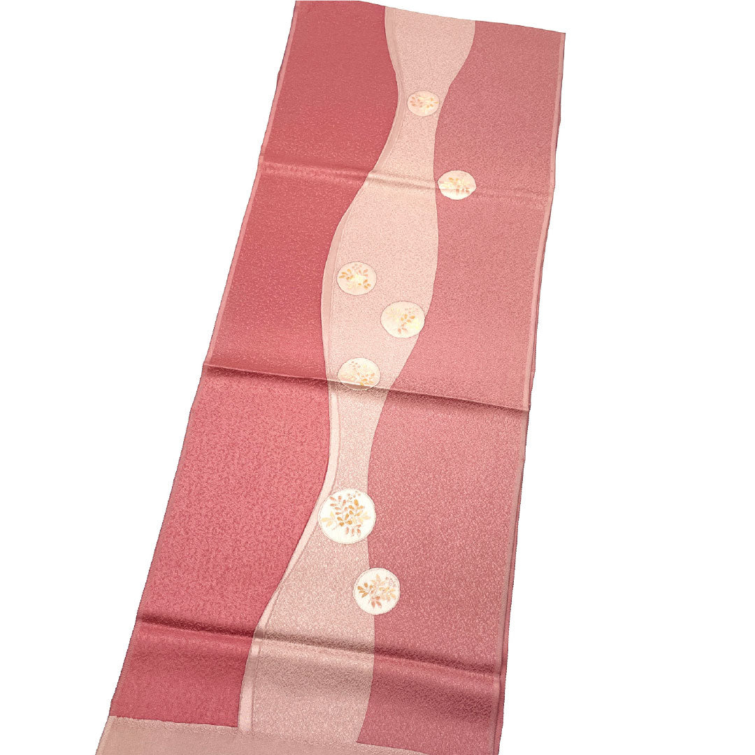 (Like New) Silk Obiage (Sash) - New, Casual, Sekikouiro (Red) with Plant Pattern, Tango Chirimen, Approximately 180cm Long, 30.5cm Wide, Pink, Product Number: 1136001091913