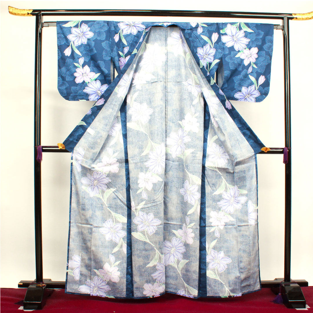 浴衣 韓藍色 ツツジ 木綿 Sランク 単衣 身丈165cm 裄丈66cm 紺系 1118003602518