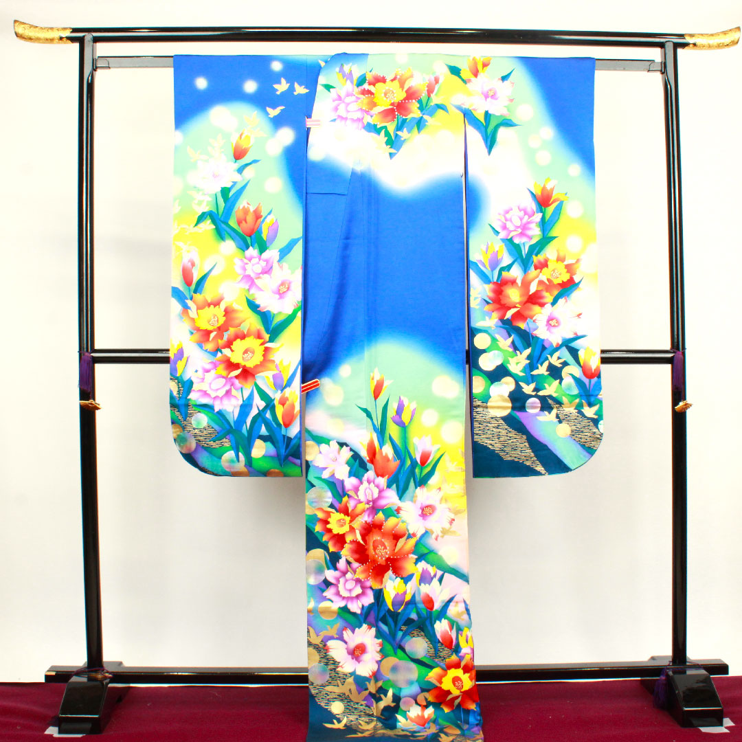 振袖 身丈176.5cm 裄丈64cm 袷 瑠璃色 花鳥模様 正絹 Bランク 紺系 1113001484818