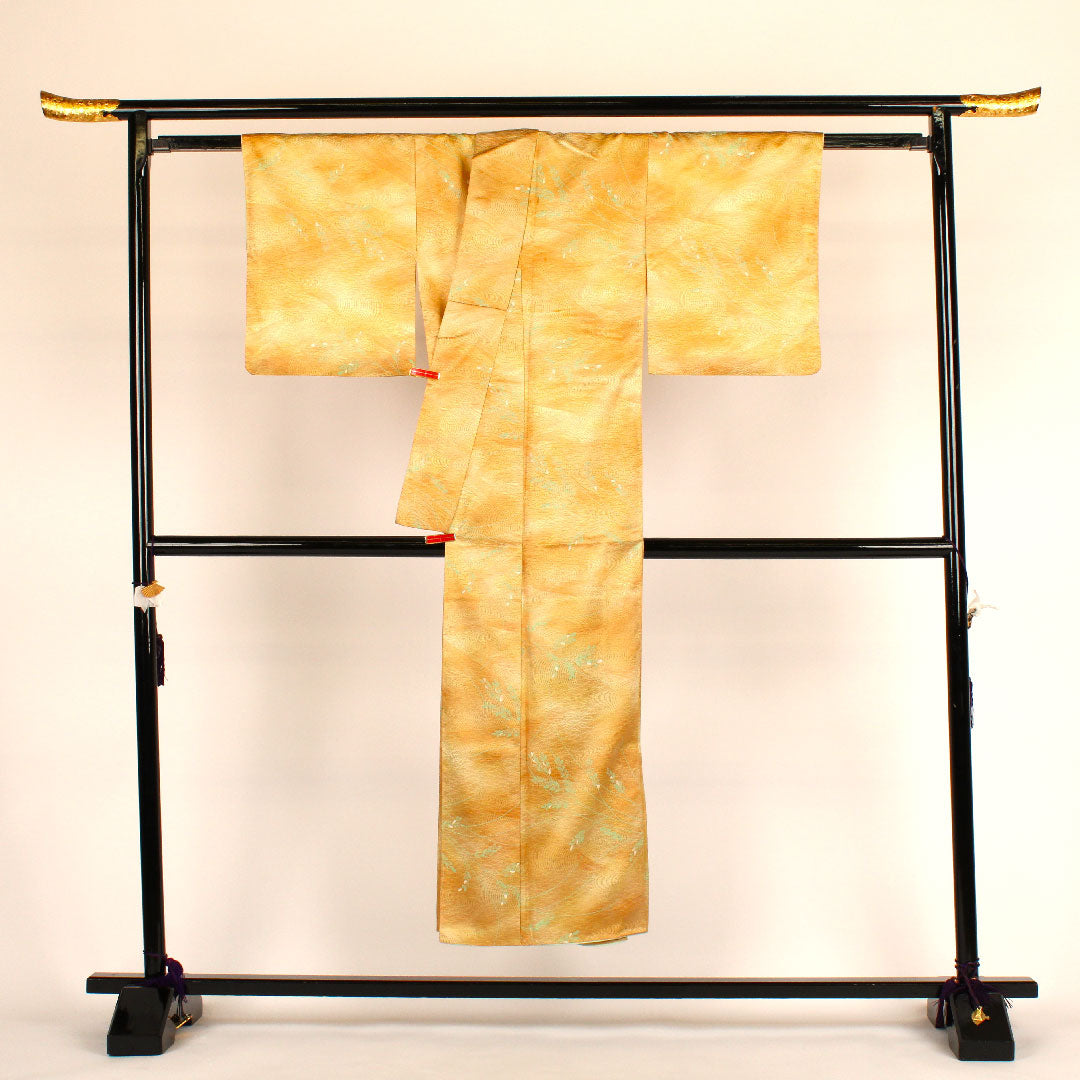 小紋 身丈147.5cm 裄丈61.5cm 袷 洗える着物 流水に葉 ポリ Aランク 黄系 1115000213123