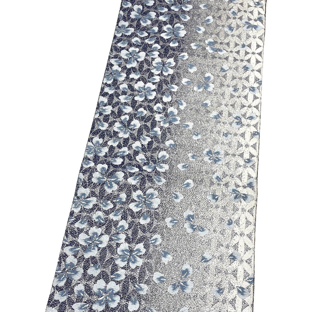 Silver Fukuro Obi with Cherry Blossoms, Length 440cm, Pure Silk, S Rank, Full Length, Formal, Silver, 1123008962322