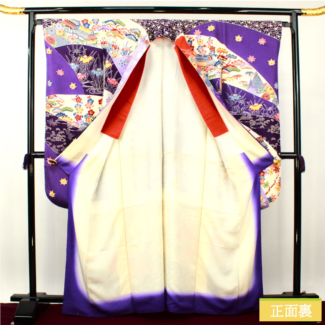 Furisode (long-sleeved kimono) made of pure silk, length 164.5cm, sleeve length 66cm, lined, bellflower color, violet color, Kyoto Bingata, auspicious motif, half-collar, B rank, purple, 1113002014420
