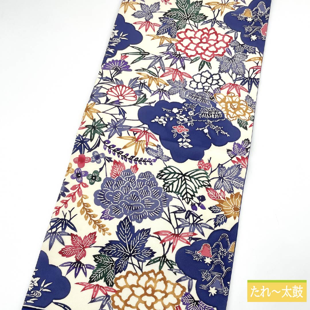 名古屋帯 生成り色(きなりいろ) 京紅型 牡丹 紅葉 帯丈348cm 正絹 Aランク 六通 カジュアル クリーム系 1124006773315 開き仕立て