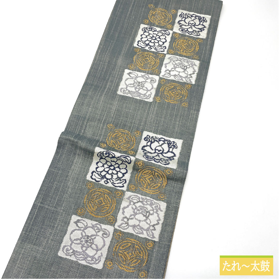 A-Rank Pure Silk Fukuro Obi (Indigo Wall Color) with Nishijin-ori Weave, Silk Silk Pongee Fabric, Abstract Pattern, Length 442cm, Six-Ply, Casual, Gray, Product Number: 1123017013322