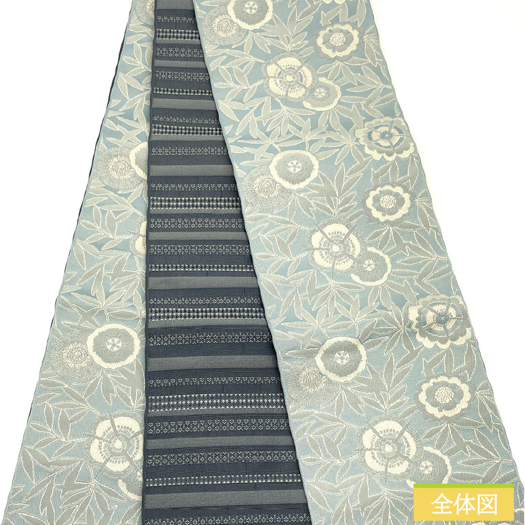 (New) Han-haba obi, polyester, New rank, aoni-biro (dark greenish-blue), floral, horizontal stripes, reversible, obi length 400cm, blue tones, 1125002521417