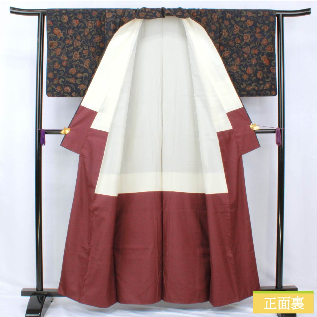 小紋 正絹 身丈160cm 裄丈63cm 袷 濃紺色(のうこんいろ) 更紗模様 Sランク 紺系 1115005282418