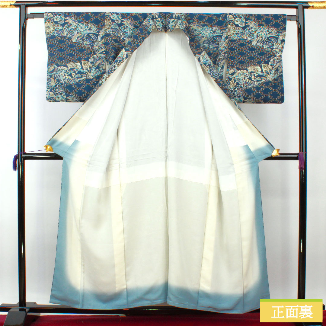 Komon, pure silk, length 156cm, sleeve length 64cm, lined, navy blue, Kyoto Bingata, auspicious motif, A rank, navy blue, 1115004283318