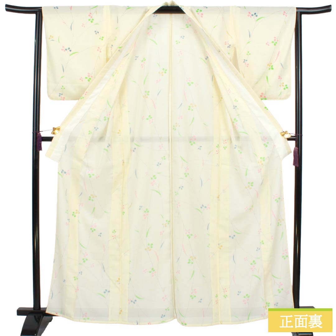 夏物 ポリエステル 小紋 Aランク 身丈163.5cm 裄丈64cm 白百合色(しらゆりいろ) 草花模様 絽 黄系 1132004513423