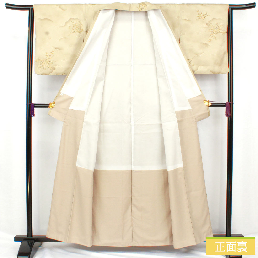 小紋 ポリエステル 身丈158cm 裄丈64cm 袷 蠟色(ろういろ) 洗える着物 草花模様 Sランク 緑系 1115004772319