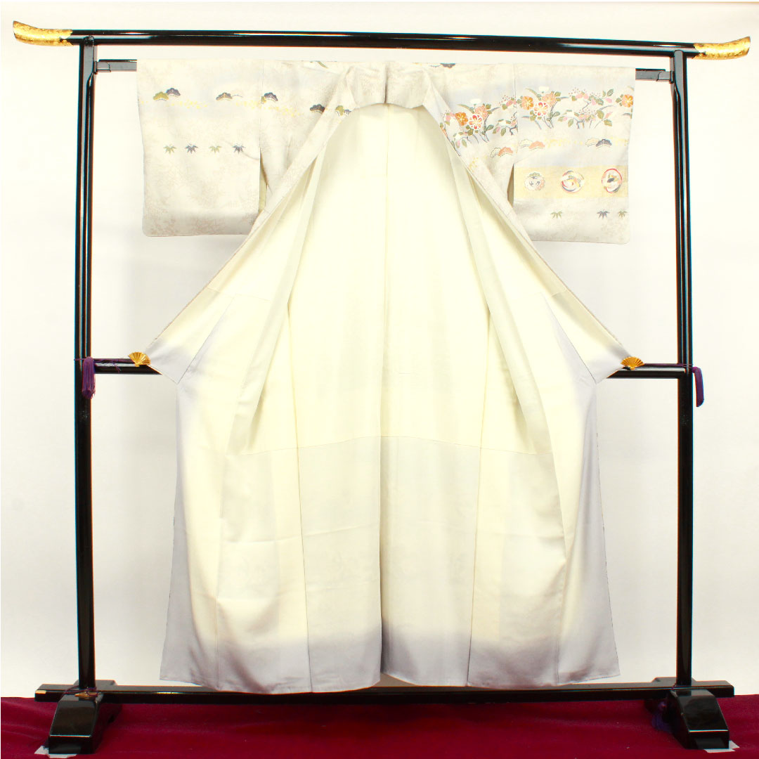 Homongi, pure silk, lined, length 155cm, sleeve length 61cm, cloud gray, Kyoto yuzen, bamboo, pine, crane, A rank, gray, 1112002923322