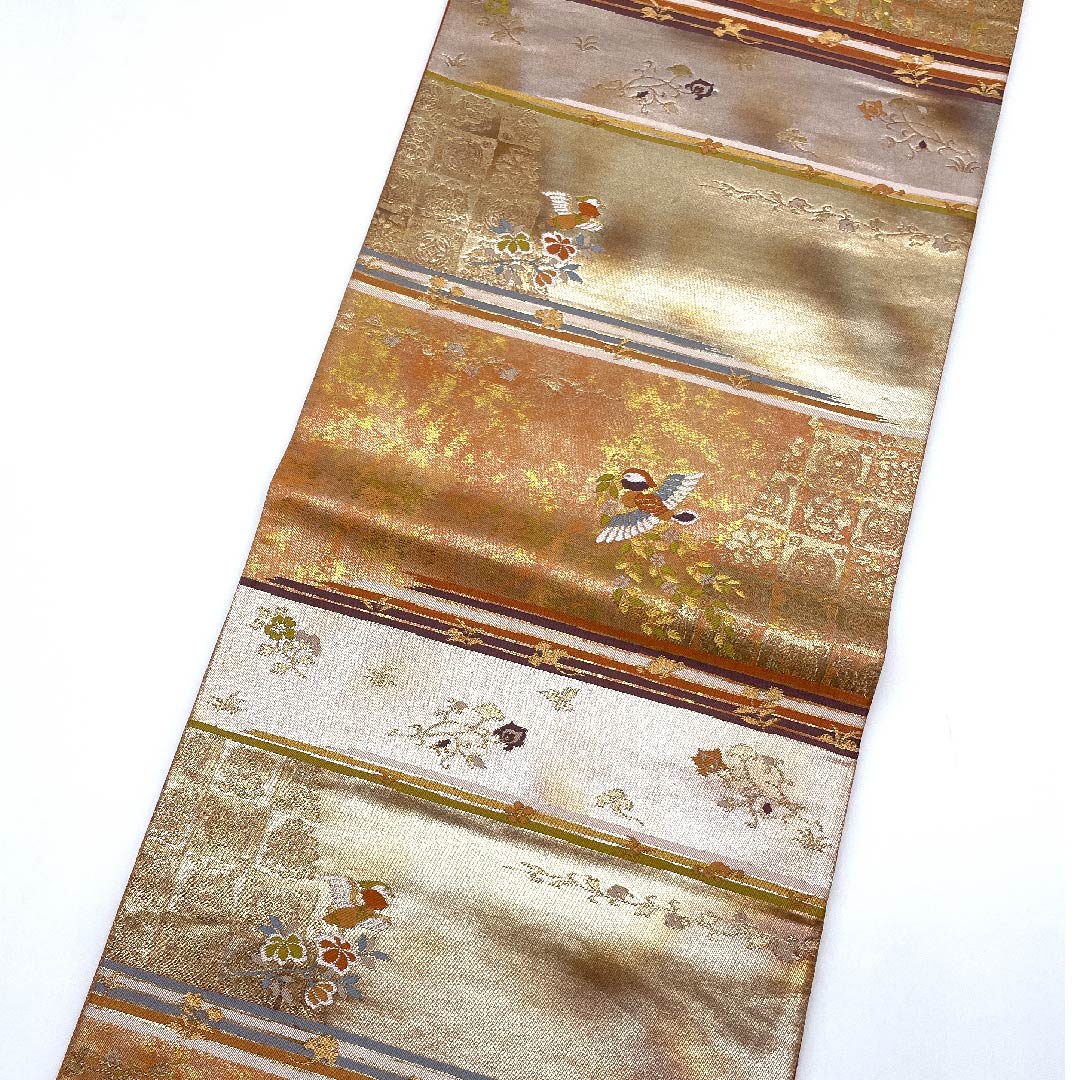 Fukuro Obi (Japanese-style sash) in dark blue with horizontal stripes, phoenix, floral arabesque and butterfly, obi length 430cm, pure silk, A rank, six-pass, semi-formal, gradation style, 1123007963399