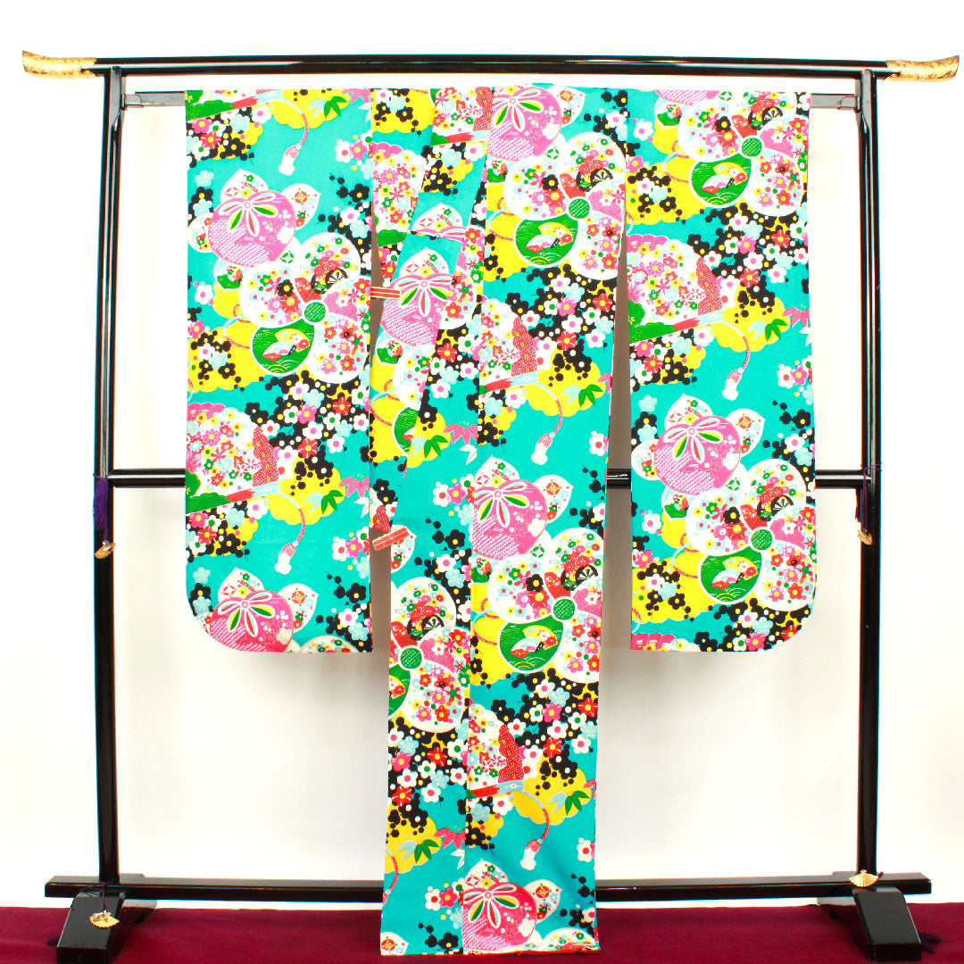 Long-sleeved kimono, length 170cm, sleeve length 70cm, lined, Shinbashi color, washable kimono, plum, poly, S rank, blue, 1113000982617